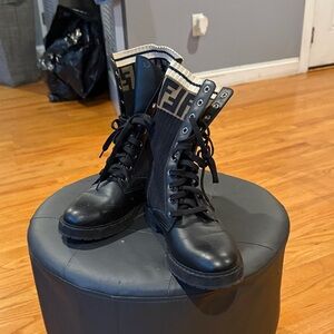 Fendi Black and Cream Lace-Up Boots
